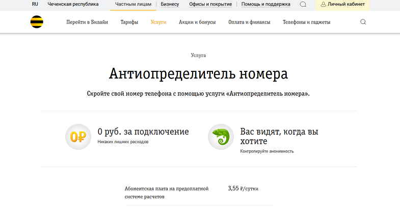 Услуга Билайн "Антиопределитель номера"