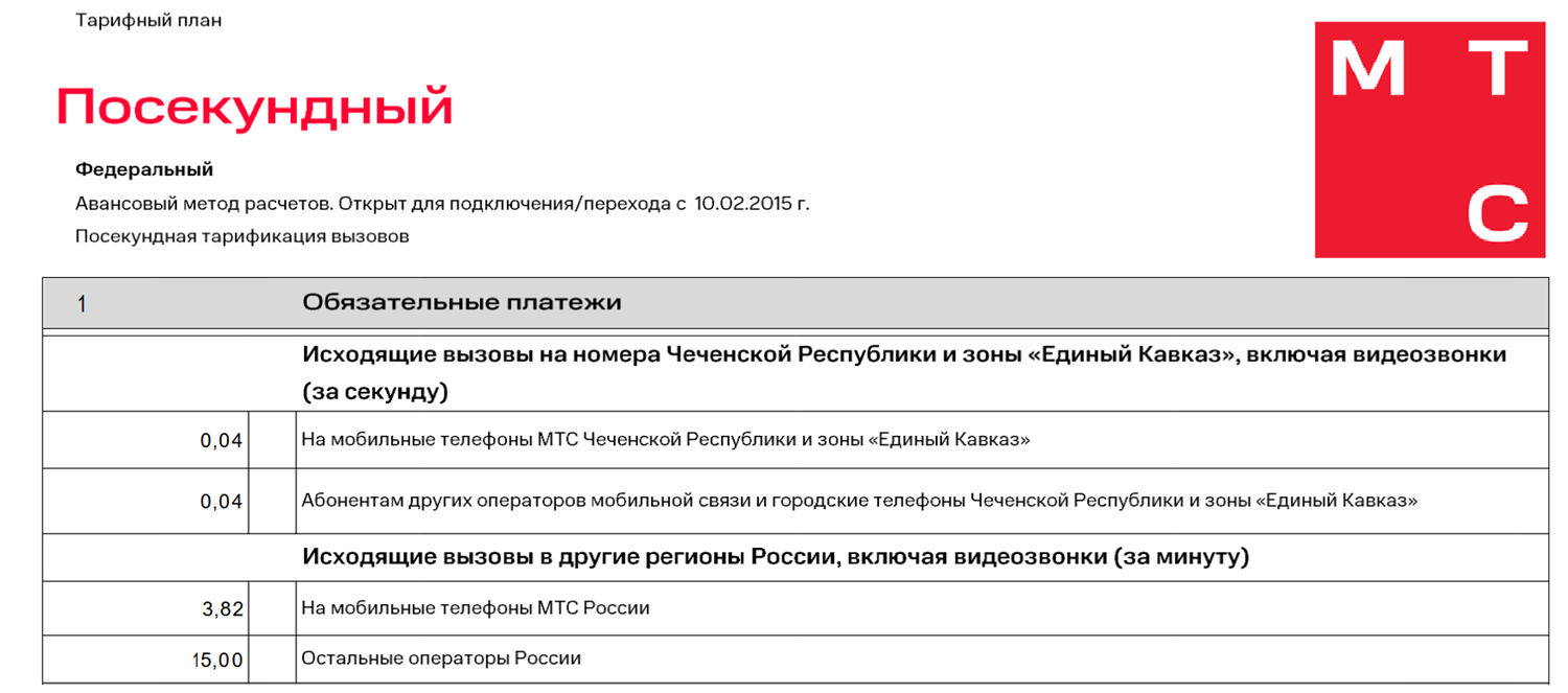Тариф МТС без абонплаты "Посекундный"